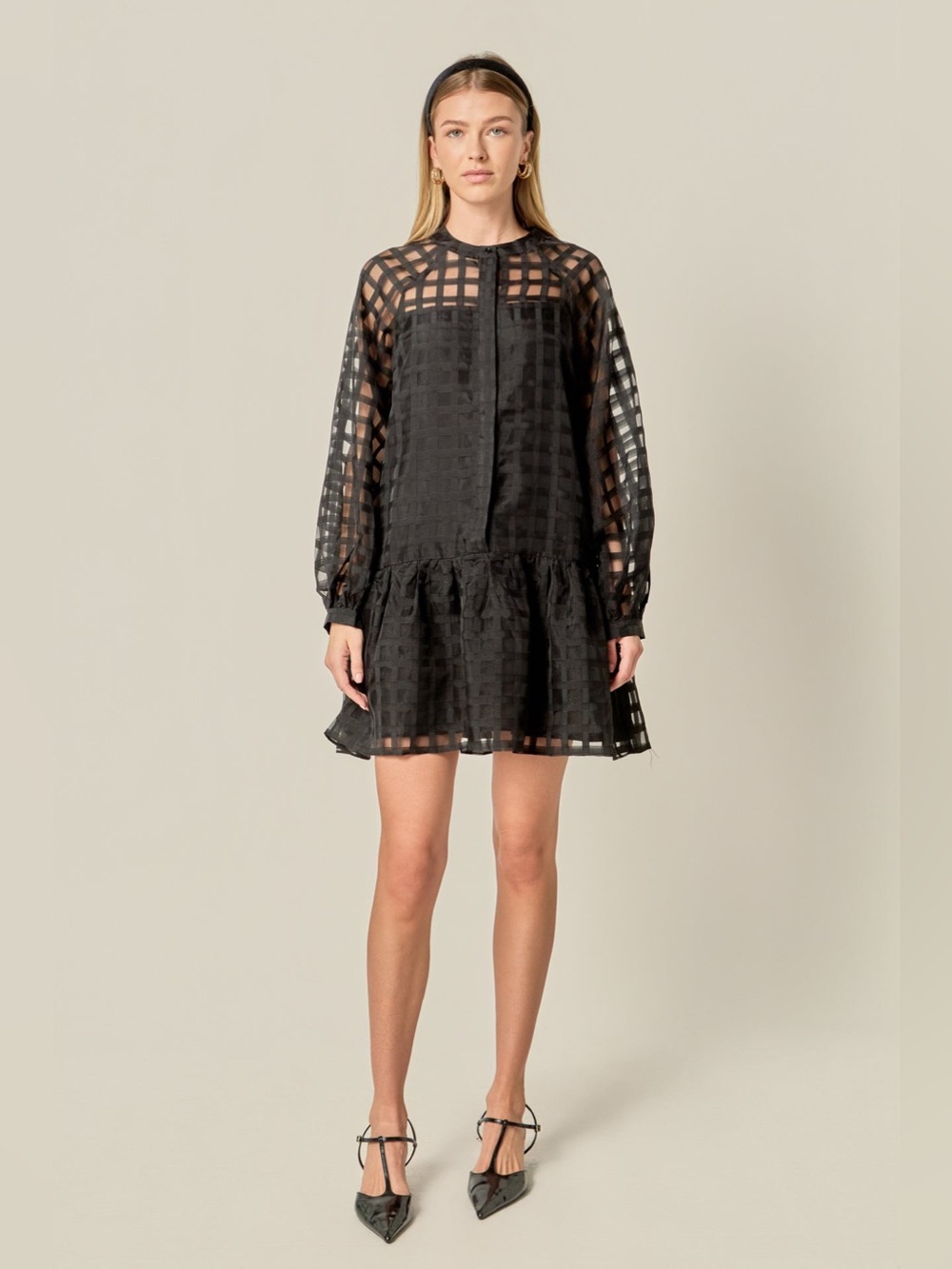 English Factory Sheer Checkered Organza Long Sleeve Black Mini Dress